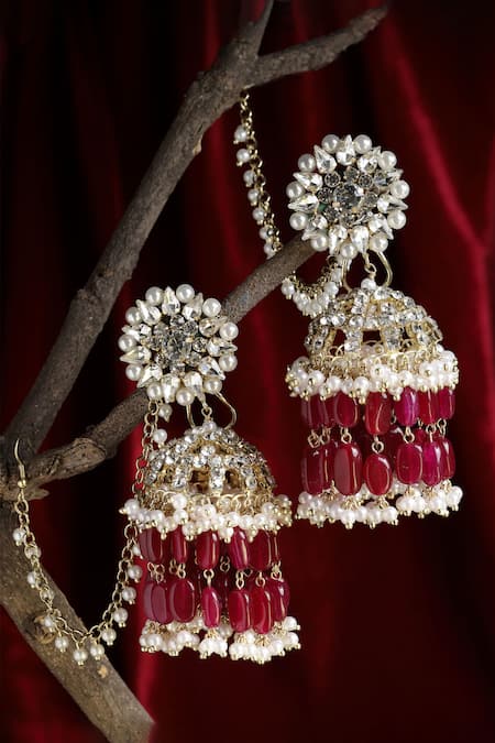 Shop Bijoux By Priya Chandna Red Floret Blossom Chandelier Jhumkas at Aza Fashions Shop_Bijoux By Priya Chandna_Red Floret Blossom Chandelier Jhumkas _at_Aza_Fashions