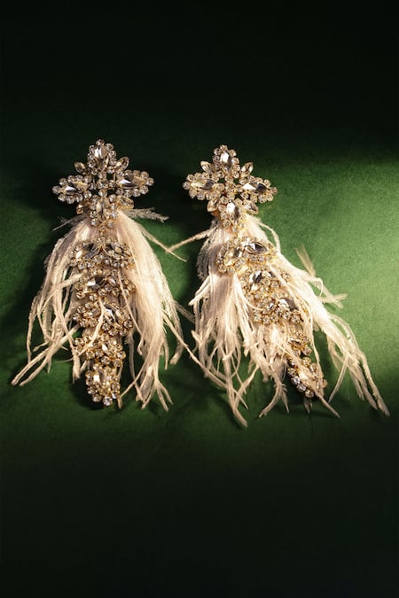 Shop_Bijoux By Priya Chandna_White Crystals, Feathers Glory And Embellished Earrings _at_Aza_Fashions