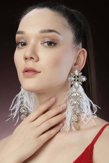 Bijoux By Priya Chandna_White Crystals, Feathers Glory And Embellished Earrings _Online_at_Aza_Fashions