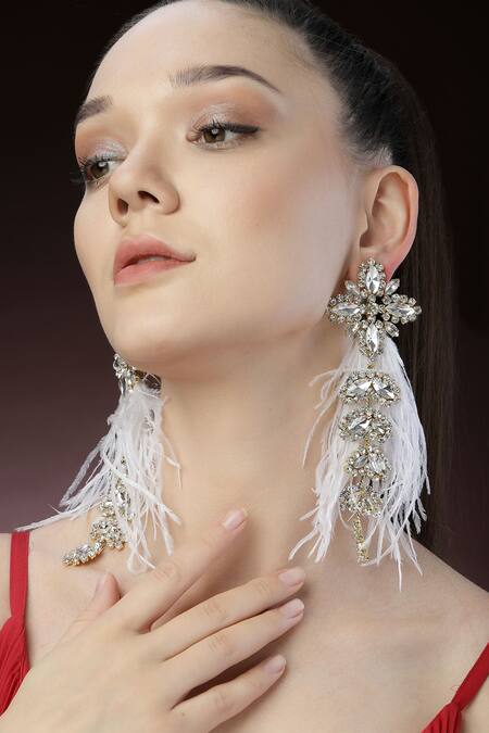 Buy_Bijoux By Priya Chandna_White Crystals, Feathers Glory And Embellished Earrings _Online_at_Aza_Fashions