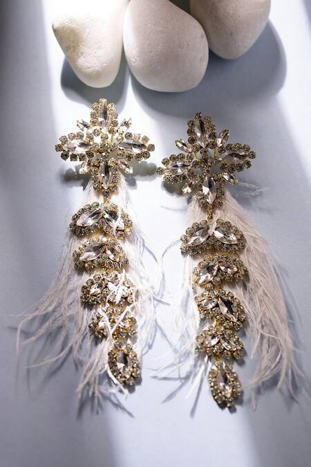Shop_Bijoux By Priya Chandna_White Crystals, Feathers Glory And Embellished Earrings _Online_at_Aza_Fashions