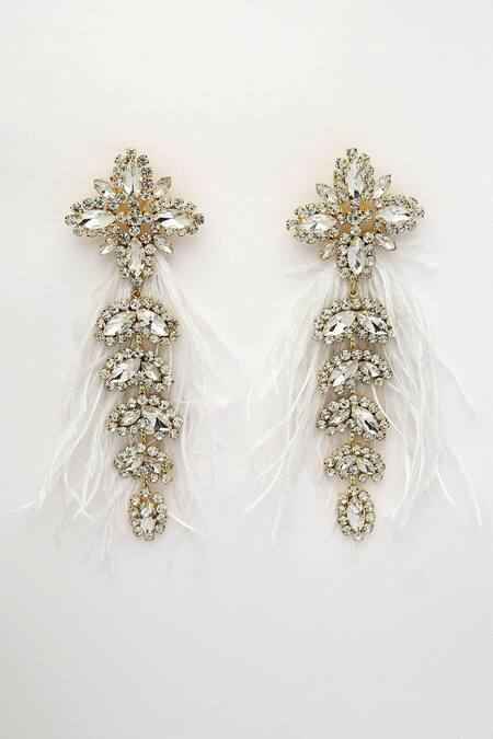 Bijoux By Priya Chandna_White Crystals, Feathers Glory And Embellished Earrings _at_Aza_Fashions