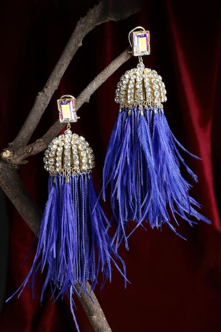 Shop_Bijoux By Priya Chandna_Blue Crystals, Feathers Dome Shaped Danglers _at_Aza_Fashions