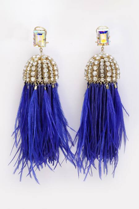 Bijoux By Priya Chandna_Blue Crystals, Feathers Dome Shaped Danglers _Online_at_Aza_Fashions