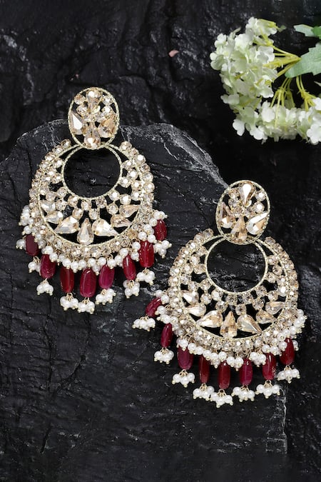 Shop_Bijoux By Priya Chandna_Gold Plated Pearls, Crystals, Stones Bloom Petal Chandbalis _at_Aza_Fashions