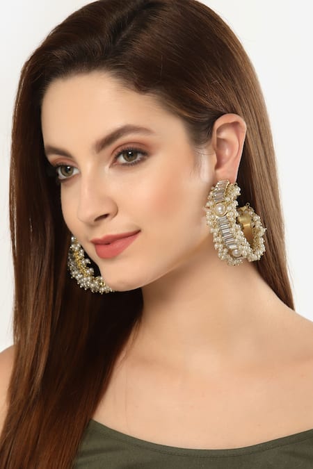 Bijoux By Priya Chandna Amala Pearl & Crystal Embellished Half Hoop Earrings 