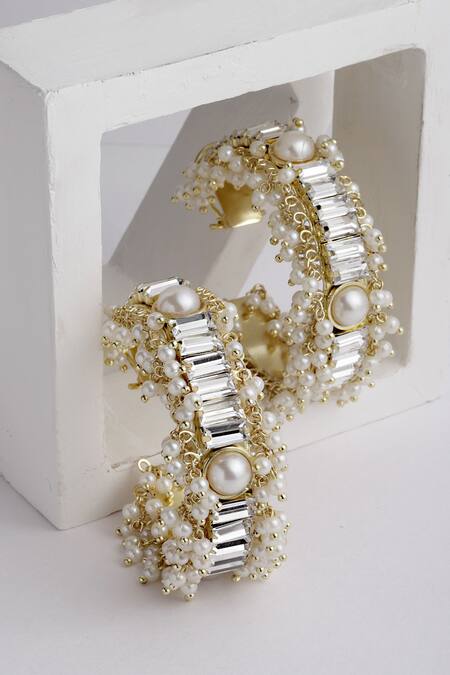Shop_Bijoux By Priya Chandna_Off White Crystals, Pearls Amala And Embellished Half Hoop Earrings _at_Aza_Fashions
