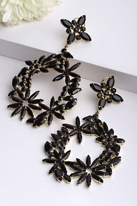Shop_Bijoux By Priya Chandna_Black Crystals Amber Petal Embellished Danglers _at_Aza_Fashions