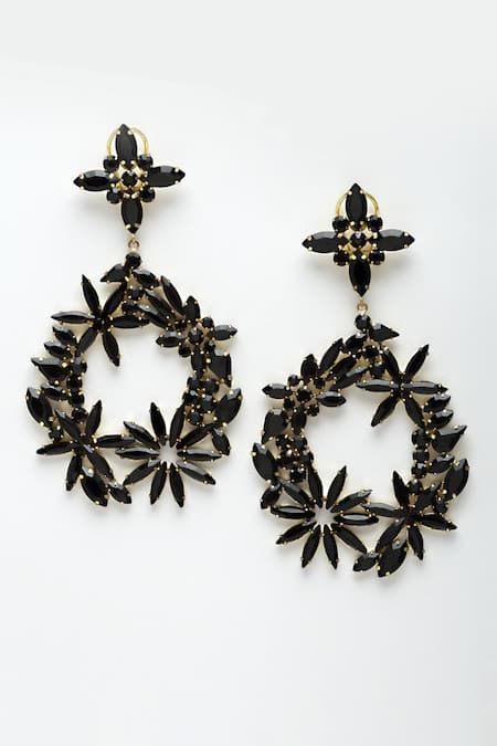 Bijoux By Priya Chandna_Black Crystals Amber Petal Embellished Danglers _Online_at_Aza_Fashions