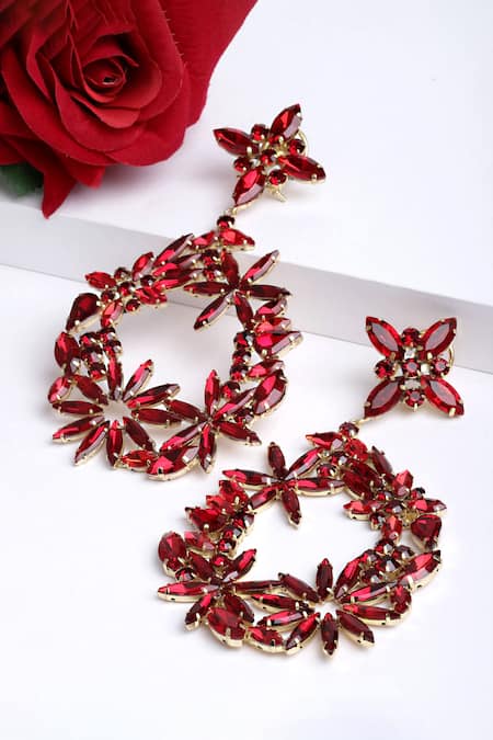 Shop_Bijoux By Priya Chandna_Red Crystals Amber Bloom Embellished Danglers _at_Aza_Fashions