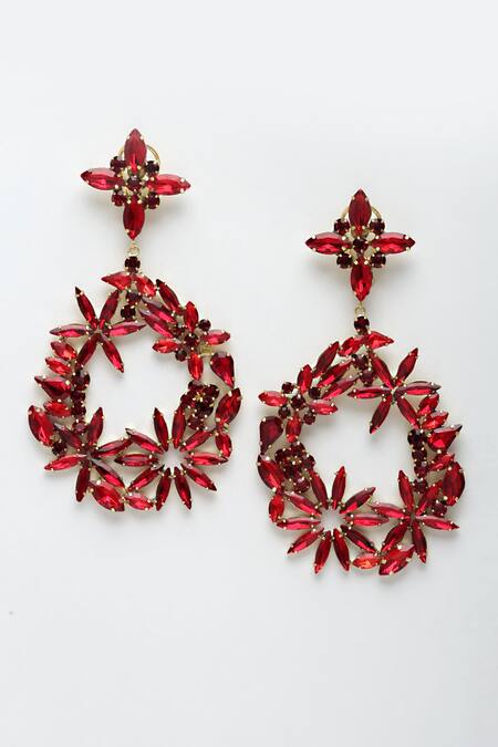 Bijoux By Priya Chandna_Red Crystals Amber Bloom Embellished Danglers _Online_at_Aza_Fashions