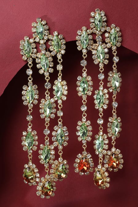 Shop_Bijoux By Priya Chandna_Green Crystals Damaskia Multi Tiered Danglers _at_Aza_Fashions