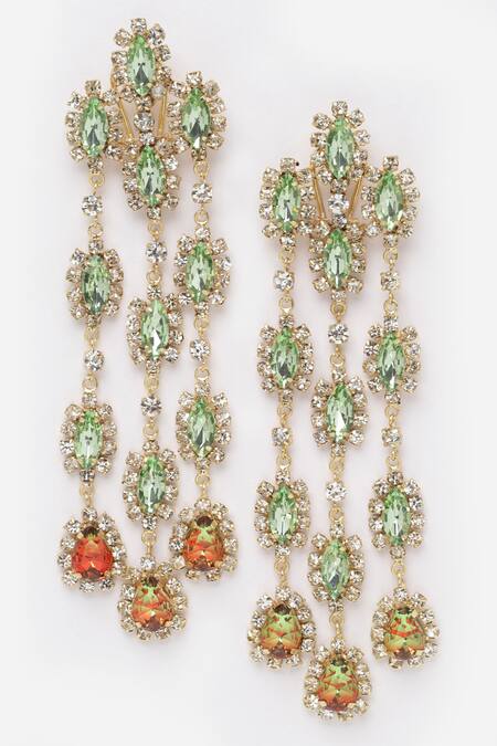 Bijoux By Priya Chandna_Green Crystals Damaskia Multi Tiered Danglers _Online_at_Aza_Fashions
