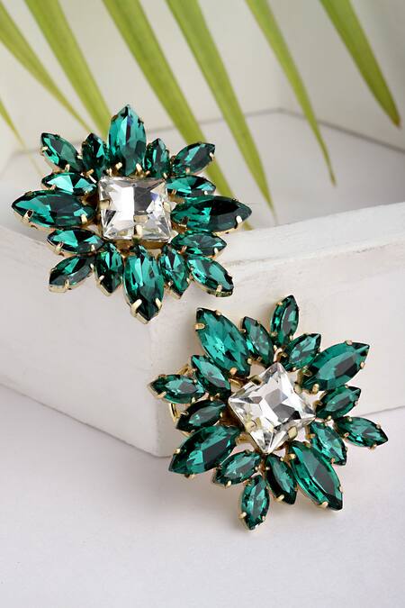 Shop Bijoux By Priya Chandna Green Crystals Starburst Studs at Aza Fashions Shop_Bijoux By Priya Chandna_Green Crystals Starburst Studs _at_Aza_Fashions