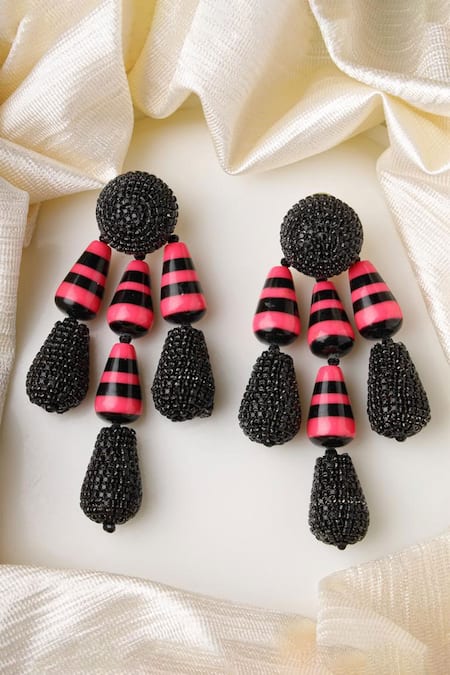 Shop_Bijoux By Priya Chandna_Pink Crystals, Beads Resin And Embellished Danglers _at_Aza_Fashions