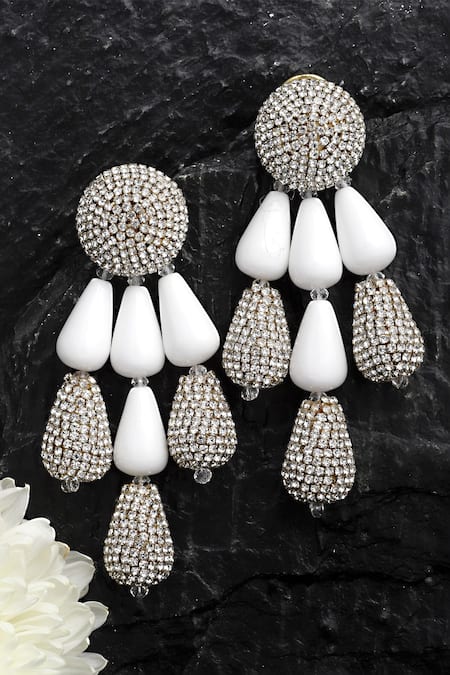 Shop_Bijoux By Priya Chandna_White Crystals, Beads Tahiti Resin And Embellished Danglers _at_Aza_Fashions