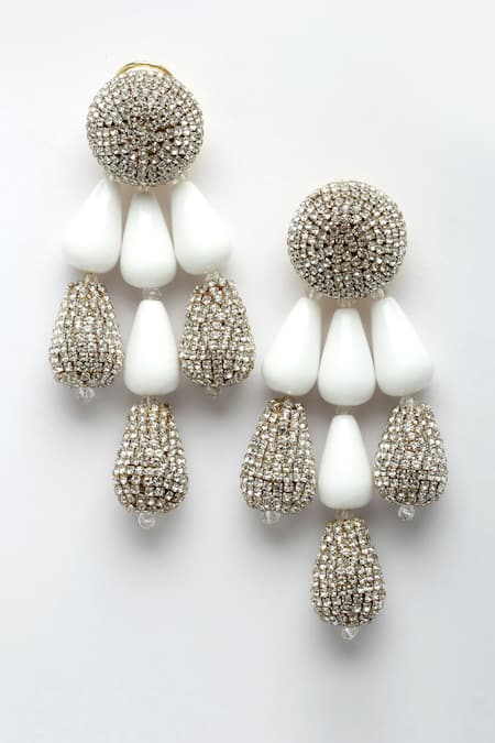 Bijoux By Priya Chandna_White Crystals, Beads Tahiti Resin And Embellished Danglers _Online_at_Aza_Fashions