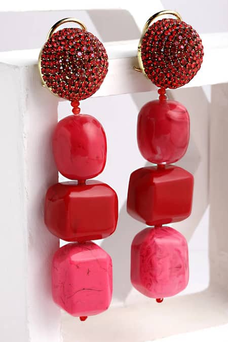 Shop Bijoux By Priya Chandna Red Crystals, Beads Sahara Quad Resin Drop Embellished Danglers at Aza Fashions Shop_Bijoux By Priya Chandna_Red Crystals, Beads Sahara Quad Resin Drop Embellished Danglers _at_Aza_Fashions