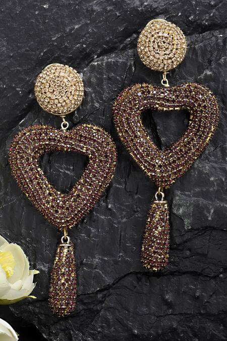 Shop_Bijoux By Priya Chandna_Gold Plated Crystals Heart Danglers _at_Aza_Fashions