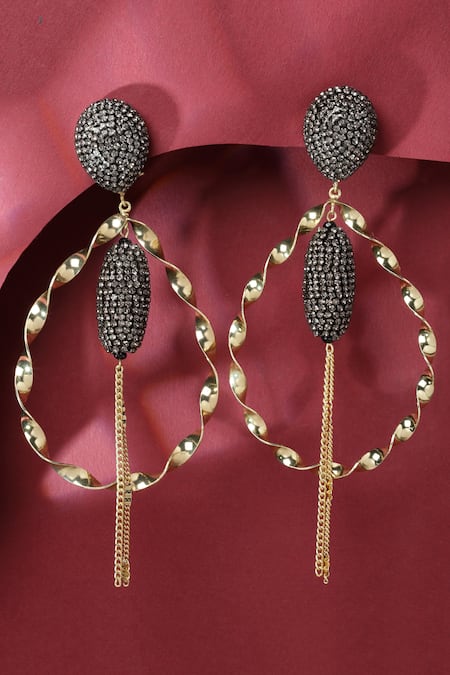 Shop_Bijoux By Priya Chandna_Black Crystals Twin Infinity Swirl Ball Danglers _at_Aza_Fashions
