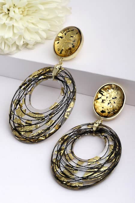 Shop_Bijoux By Priya Chandna_Gold Plated Foil Printing And Wire Work Hoop Resin Danglers _at_Aza_Fashions