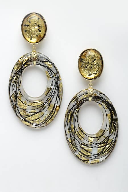 Bijoux By Priya Chandna_Gold Plated Foil Printing And Wire Work Hoop Resin Danglers _Online_at_Aza_Fashions