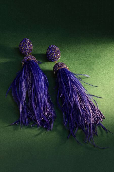 Shop_Bijoux By Priya Chandna_Blue Crystals, Feathers Celtic Dome Shaped Danglers _at_Aza_Fashions