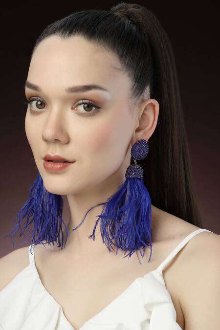 Bijoux By Priya Chandna_Blue Crystals, Feathers Celtic Dome Shaped Danglers _Online_at_Aza_Fashions