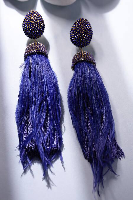 Shop_Bijoux By Priya Chandna_Blue Crystals, Feathers Celtic Dome Shaped Danglers _Online_at_Aza_Fashions