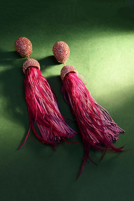 Shop_Bijoux By Priya Chandna_Purple Crystals, Feathers Ferna Dome Shaped Danglers _at_Aza_Fashions