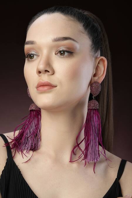 Bijoux By Priya Chandna_Purple Crystals, Feathers Ferna Dome Shaped Danglers _Online_at_Aza_Fashions