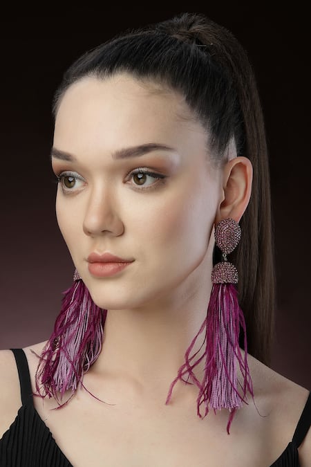 Buy_Bijoux By Priya Chandna_Purple Crystals, Feathers Ferna Dome Shaped Danglers _Online_at_Aza_Fashions