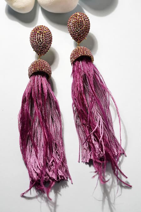 Shop_Bijoux By Priya Chandna_Purple Crystals, Feathers Ferna Dome Shaped Danglers _Online_at_Aza_Fashions