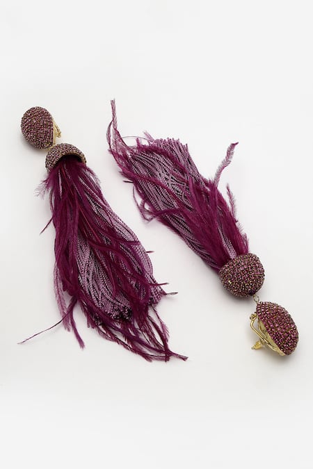 Bijoux By Priya Chandna_Purple Crystals, Feathers Ferna Dome Shaped Danglers _at_Aza_Fashions