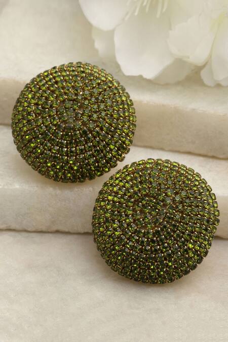 Shop_Bijoux By Priya Chandna_Green Crystals Embellished Stud Earrings _at_Aza_Fashions