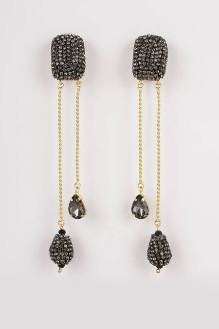 Shop_Bijoux By Priya Chandna_Black Crystals Midnight Glam Teardrop Earrings _at_Aza_Fashions