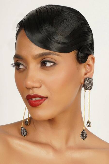 Bijoux By Priya Chandna_Black Crystals Midnight Glam Teardrop Earrings _Online_at_Aza_Fashions