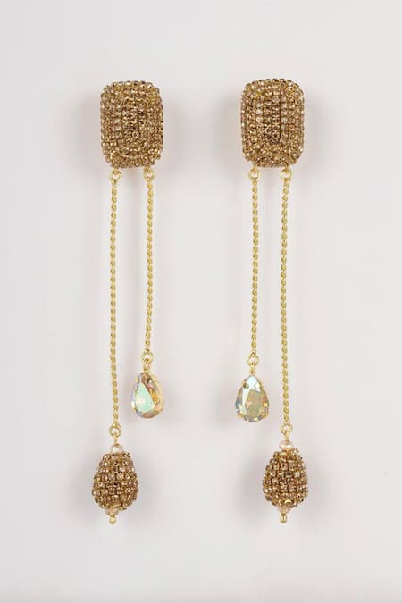Shop_Bijoux By Priya Chandna_Gold Plated Crystals Midnight Glam Hanging Metal Bar Earrings _at_Aza_Fashions