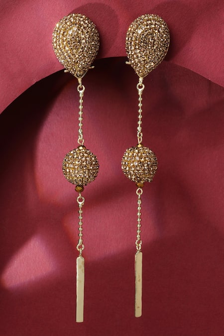 Shop_Bijoux By Priya Chandna_Gold Plated Crystals Long Drop Embellished Earrings _at_Aza_Fashions