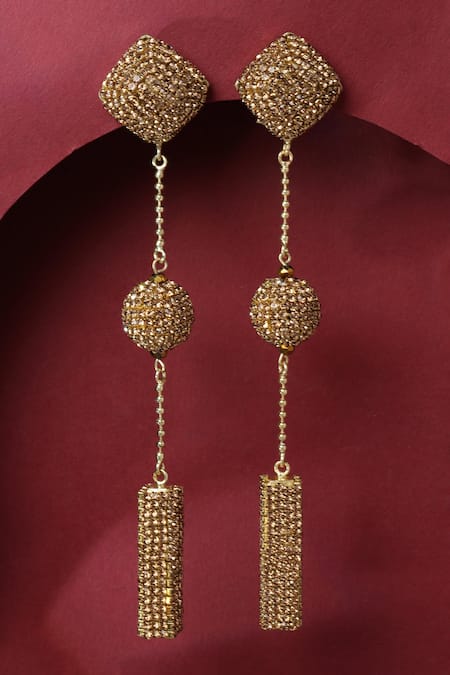 Shop_Bijoux By Priya Chandna_Gold Plated Crystals Long Drop Embellised Dangler Earrings _at_Aza_Fashions