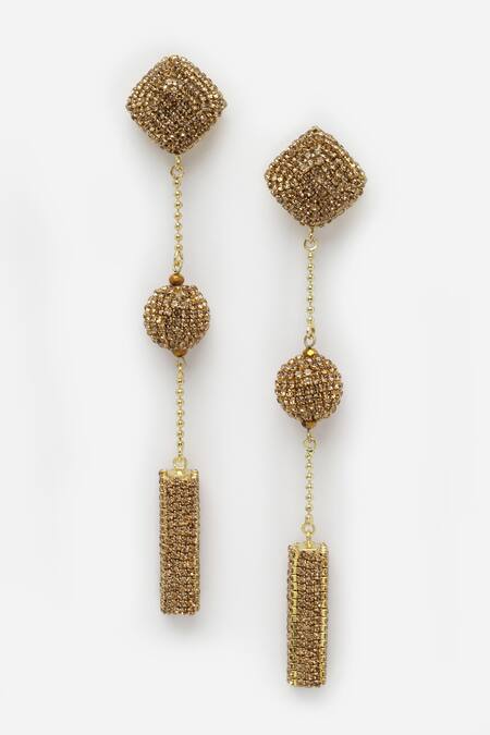 Bijoux By Priya Chandna_Gold Plated Crystals Long Drop Embellised Dangler Earrings _Online_at_Aza_Fashions