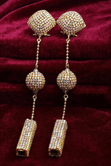 Shop_Bijoux By Priya Chandna_Multi Color Crystals Ball Stationed Dangler Earrings _at_Aza_Fashions