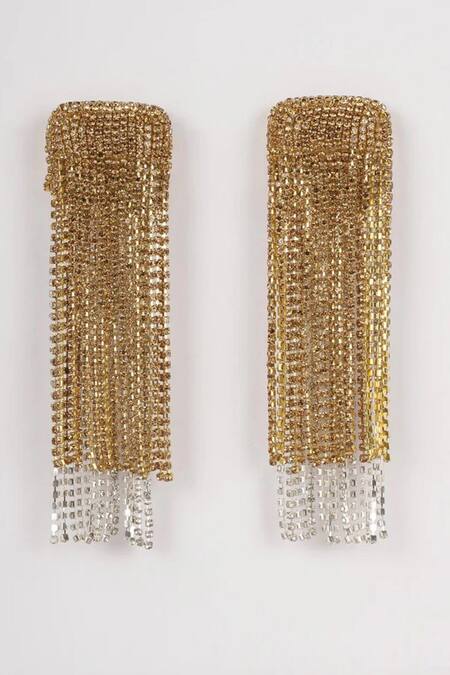 Shop_Bijoux By Priya Chandna_Gold Plated Crystals Hanging Tassels Waterfall Earrings _at_Aza_Fashions