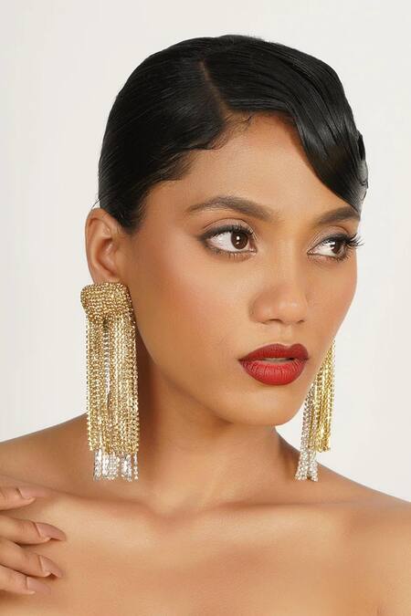 Bijoux By Priya Chandna_Gold Plated Crystals Hanging Tassels Waterfall Earrings _Online_at_Aza_Fashions