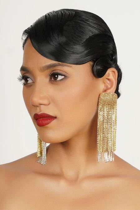 Buy_Bijoux By Priya Chandna_Gold Plated Crystals Hanging Tassels Waterfall Earrings _Online_at_Aza_Fashions