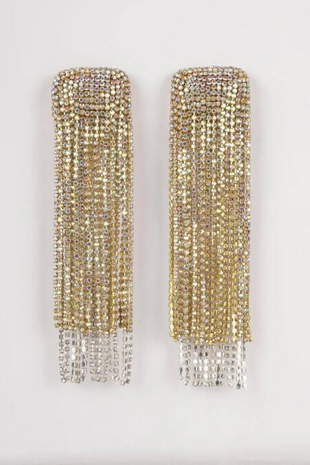 Shop_Bijoux By Priya Chandna_Multi Color Crystals Hanging Tassels Cascading Earrings _at_Aza_Fashions