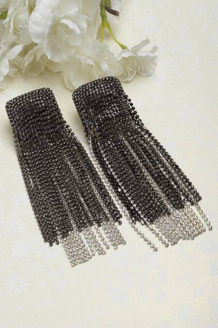 Shop_Bijoux By Priya Chandna_Black Crystals Hanging Tassel Waterfall Earrings _at_Aza_Fashions