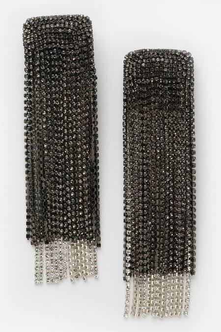 Bijoux By Priya Chandna_Black Crystals Hanging Tassel Waterfall Earrings _Online_at_Aza_Fashions
