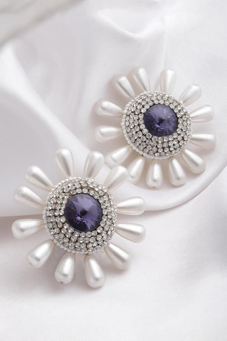 Shop_Bijoux By Priya Chandna_Purple Crystals, Diamonds Sunshine Amethyst Pearl Stud Earrings _at_Aza_Fashions