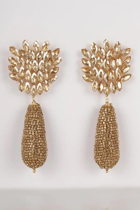 Shop_Bijoux By Priya Chandna_Gold Plated Crystals Blossom Embellished Danglers _at_Aza_Fashions